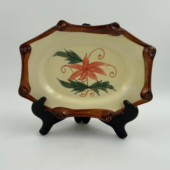 Vintage Rectangular Asian Pink Flower Brown Rim Serving Plate Stamped Wealth - Picture 1 of 7